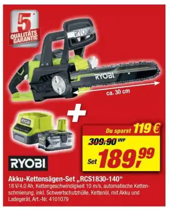 toom Baumarkt Ryobi Akku Kettensägen Set RCS1830-140 Angebot