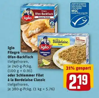 REWE Iglo filegro ofen-backfisch oder schlemmer filet à la bordelaise classic Angebot