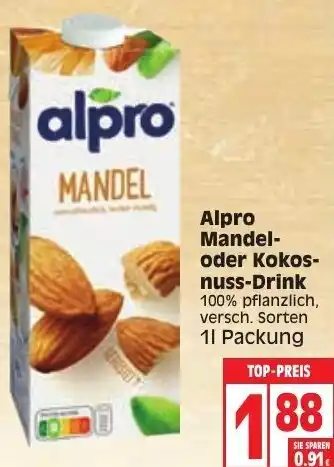 Edeka Alpro Mandel oder Kokosnuss Drink 1L Angebot