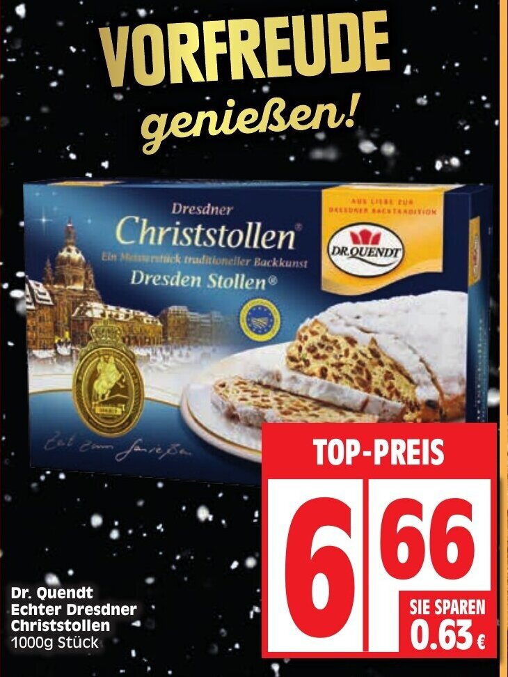 Dr. Quendt Echter Dresdner Christstollen 1000g Angebot bei Edeka