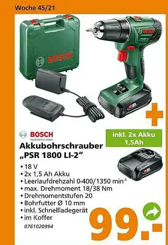 Globus Baumarkt Bosch Akkubohrschrauber Psr1800li-2 Angebot