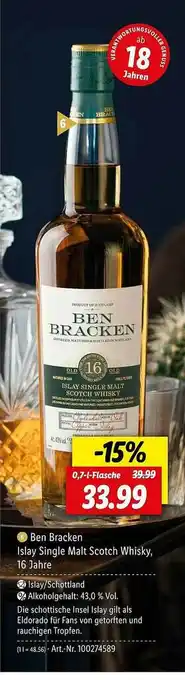 Lidl Ben Bracken Islay Single Malt Scotch Whisky, 16 Jahre Angebot