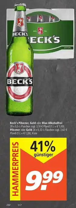 Marktkauf Beck's Pilsener, Gold Oder Blue Alkoholfrei, Pilsener Oder Gold Angebot