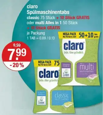 V Markt Claro spülmaschinentabs oder multi Alles in 1 Angebot