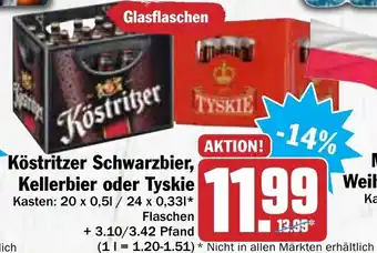 Hit Köstritzer Schwarzbier, Kellerbier oder Tyskie 20x0,5L/24x0,33L Angebot