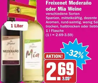 Hit Freixenet Mederaño oder Mia Weine 1L Angebot