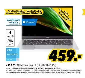 MEDIMAX Acer Notebook Swift 1 Sf114-34-p3pv Angebot