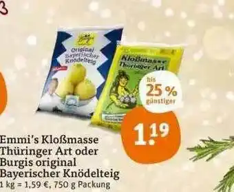 tegut Emmi's Kloßmasse Thüringer Art Oder Burgis Original Bayerischer Knödelteig Angebot