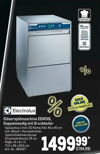 METRO Electrolux Gläserspülmaschine Egwsig, Doppelwandig Mit Druckboiler Angebot