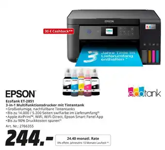 MediaMarkt Epson ecotank et-2851 3-in-1 multifunktionsdrucker mit tintentank Angebot