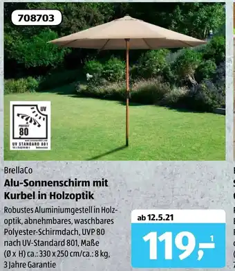 Aldi Süd BrellaCo Alu Sonnenschirm mit Kurbel in Holzoptik Angebot