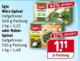 REWE Iglo Würz Spinat 500g oder Rahm Spinat 750g Angebot