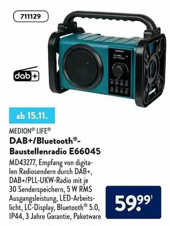 Aldi Süd Medion Life Dab+ Bluetooth-baustellenradio E66045 Angebot