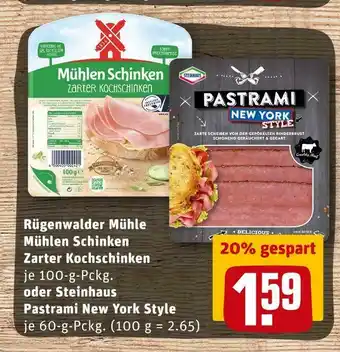 REWE Rügenwalder mühle oder steinhaus kochschinken oder pastrami Angebot