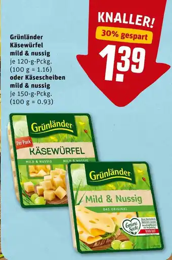 REWE Grünländer käsewürfel oder käsescheiben Angebot