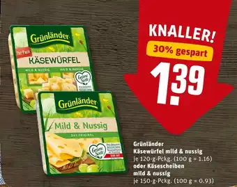 REWE Grünländer käsewürfel oder käsescheiben Angebot