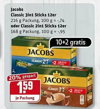 REWE Jacobs Classic 3in1 Sticks 12er Oder Classic 2in1 Sticks 12er Angebot