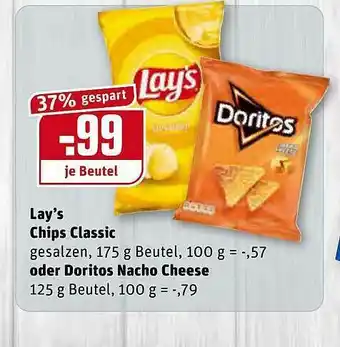 REWE Lay's Chips Classic Oder Doritos Nacho Cheese Angebot