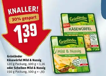 REWE Grünländer Käsewürfel Mild & Nussig Oder Scheiben Mild & Nussig Angebot