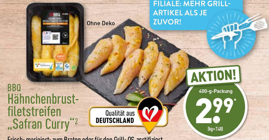 BBQ Hähnchenbrust filetstreifen ,,Safran Curry" 400g Angebot bei Aldi Nord