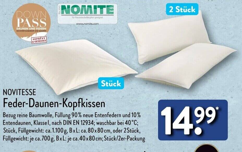 NOVITESSE FederDaunenKopfkissen Angebot bei Aldi Nord