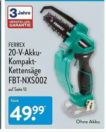 Aldi Nord Ferrex 20-v-akku-kompakt-kettensäge Fbt-nxs002 Angebot