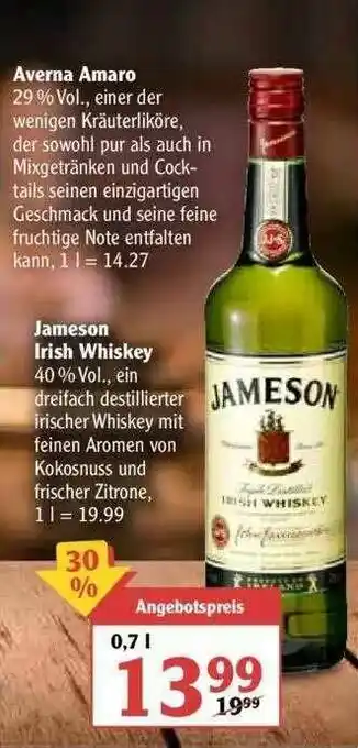 Globus Averna Amaro Oder Jameson Irish Whiskey Angebot