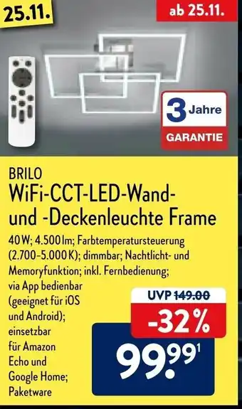 Aldi Nord Brilo Wifi CCT LED Wand und Deckenleuchte Frame Angebot