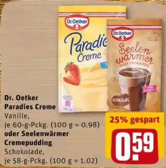 REWE PETZ Dr. Oetker Paradies Creme oder Seelenwärmer Cremepudding Angebot