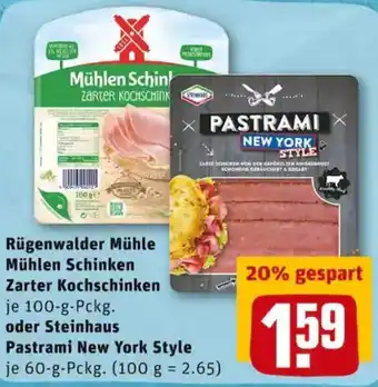 REWE PETZ Rügenwalder Mühle Mühlen Schinken Zarter Kochschinken oder Steinhaus Pastrami New York Style Angebot