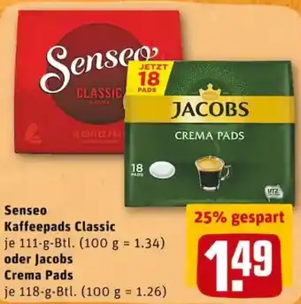 REWE PETZ Senseo Kaffeepads Classic oder Jacobs Crema Pads Angebot