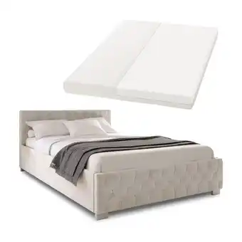 Netto Marken-Discount Juskys Polsterbett Nizza 120x200 cm - Matratze, Stauraum & LEDs - Samtbezug mit Steppung - Beige Angebot