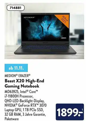 Aldi Nord Medion Erazer Beast X20 High-end Geming Notebook Angebot