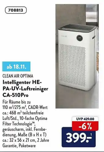 Aldi Nord Clean Air Optima Intelligenter He-pa-uv-luftreiniger Ca-510pro Angebot