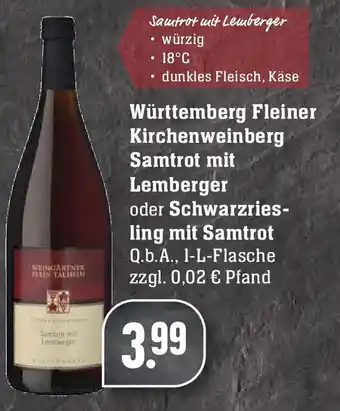 Edeka Württemberg Fleiner Kirchenweinberg Samtrot mit Lemberger oder Schwarzriesling mit Samtrot 1L Angebot