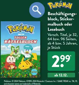 Aldi Süd Pokemon Beschäftigungsblock, Stickermalbuch oder Lesebuch Angebot