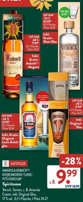 Aldi Süd AMARULA/ASBACH/ KOSKENKORVA/LINIE/ PITÚ/UNICUM Spirituose Angebot