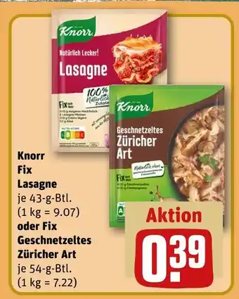 REWE Knorr fix lasagne oder fix geschnetzeltes züricher art Angebot