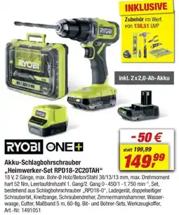 toom Baumarkt RYOBI ONE Akku-Schlagbohrschrauber ,,Heimwerker-Set RPD18-2C20TAH Angebot