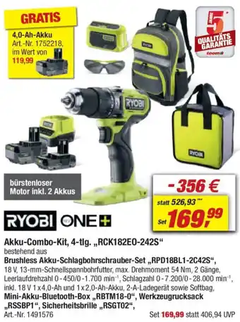 toom Baumarkt RYOBI ONE+ Akku-Combo-Kit, 4-tlg. ,,RCK182E0-242S" Angebot