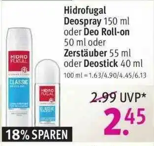 Rossmann Hidrofugal Deospray Oder Deo Roll-on Oder Zerstäuber Oder Deostick Angebot