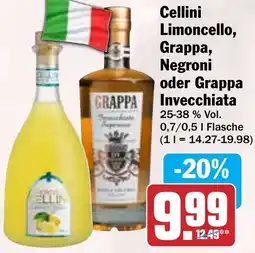 Hit Cellini Limoncello, Grappa, Negroni oder Grappa Invecchiata Angebot