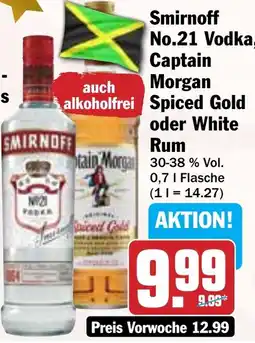 Hit Smirnoff No.21 Vodka, Captain Morgan Spiced Gold oder White Rum Angebot