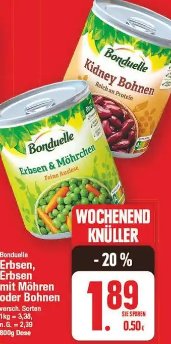 E-Center Bonduelle erbsen, erbsen mit möhren oder bohnen Angebot