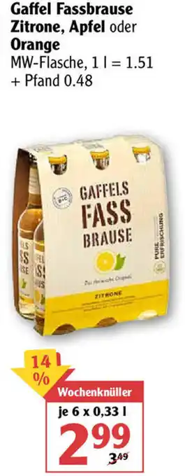 Globus Gaffel Fassbrause Zitrone, Apfel oder Orange 6x0,33L Angebot