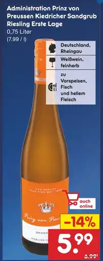 Netto Marken-Discount Administration Prinz von Preussen Kiedricher Sandgrub Riesling Erste Lage Angebot