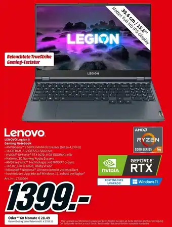 MediaMarkt Lenovo Legion 5 Gaming Notebook Angebot