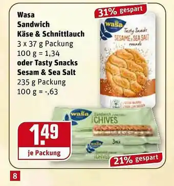 REWE Wasa Sandwich Käse & Schnittlauch Oder Tasty Snacks Sesam & Sea Salt Angebot