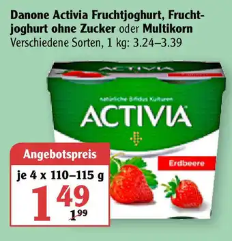 Globus Danone Activia Fruchtjoghurt, Fruchtjoghurt ohne Zucker oder Multikorn 4x110-115g Angebot