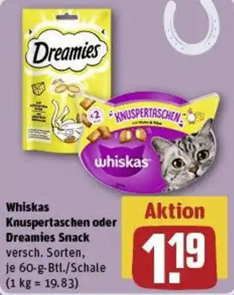 REWE Whiskas Knuspertaschen oder Dreamies Snack Angebot